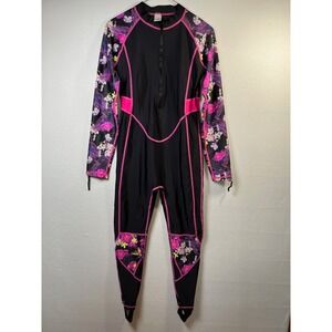 SBART M/L BLACK PINK TROPICAL ZIP RASH GUARD STIRRUP BODYSUIT~SWIM DIVE WET SUIT